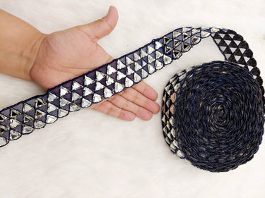 Navy Blue Lace Trim with Silver Gota (Indian Foil Work) and Real Mirror, Decorative Trim Costume Trim Fashion Trim By Yard